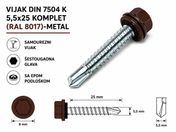 VIJAK DIN 7504 K 5,5x25 KOMPLET (RAL 8017)-METAL